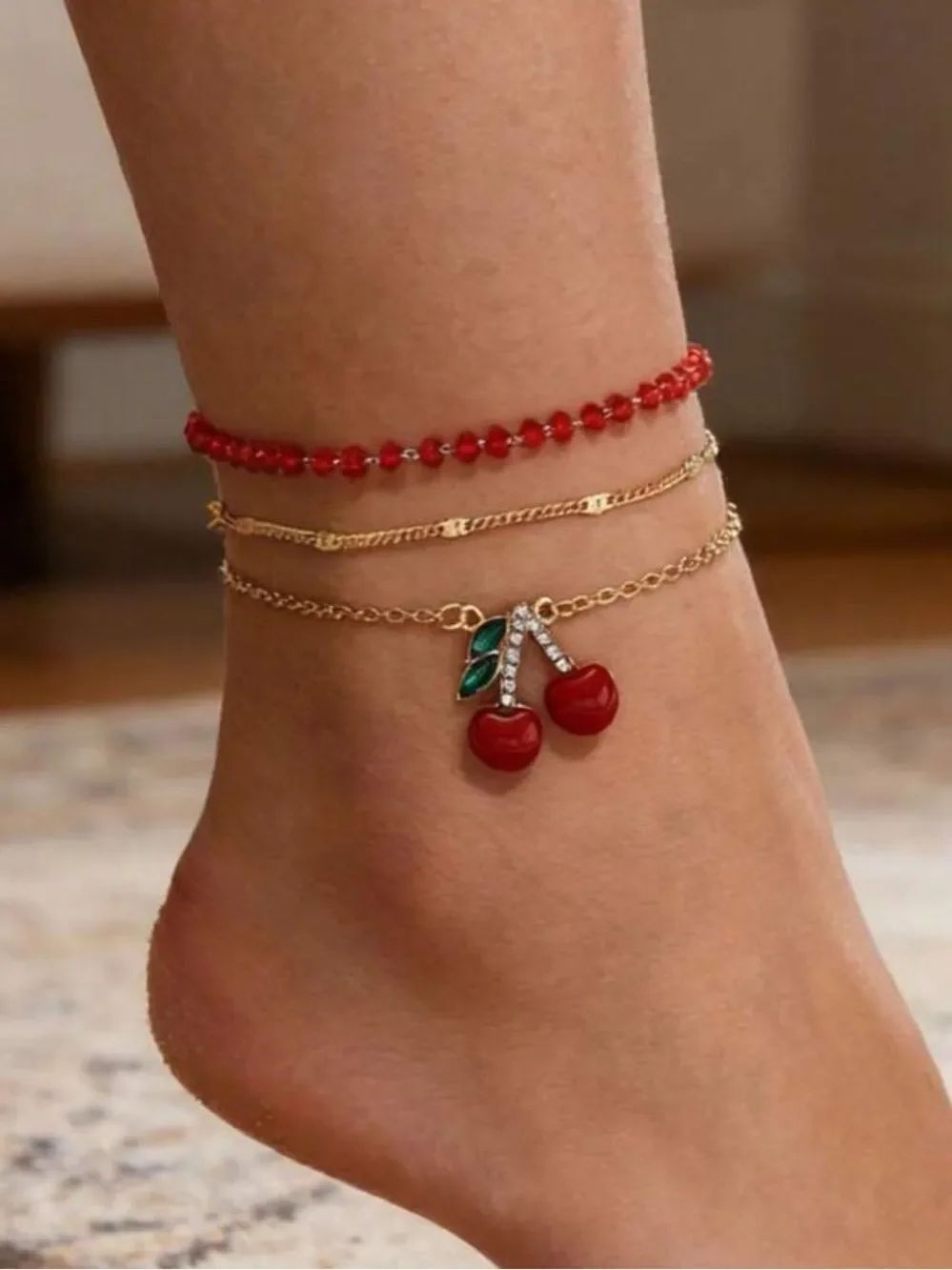 Red Cherry Charm Anklet Set R681